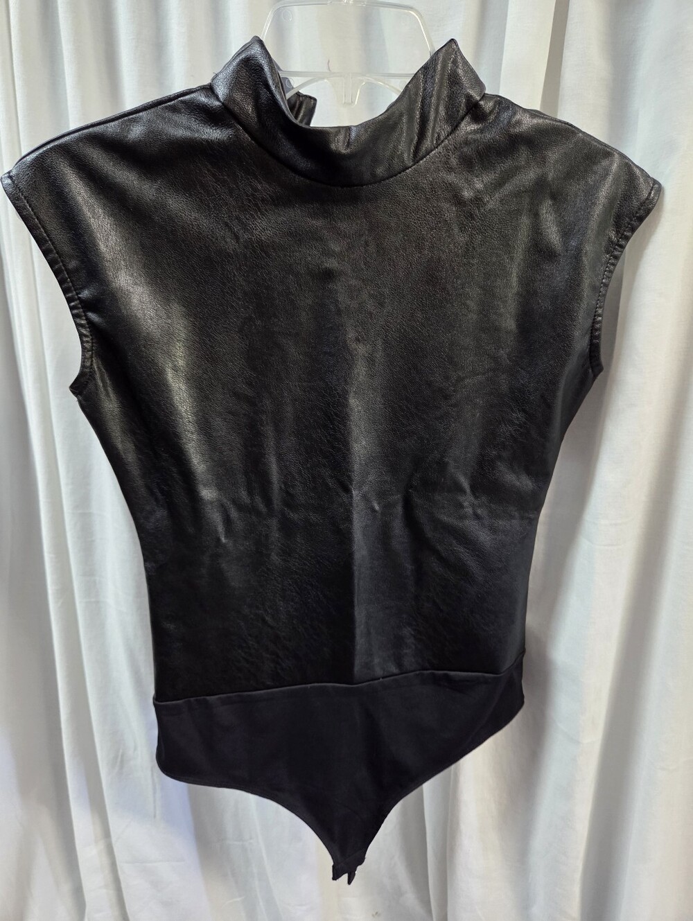 Sleeveless Faux Leather Mock Neck Bodysuit - Black